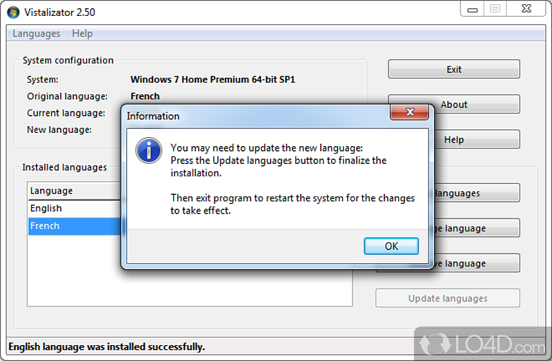 Change the display language of any edition of Windows - Screenshot of Vistalizator