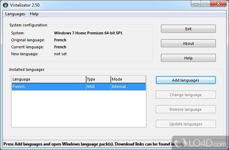 Install language packs for Windows and 7 even if you're not using the Ultimate version - Screenshot of Vistalizator