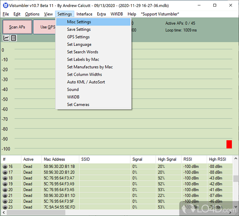 WiFi network detector compatible with Vista - Screenshot of Vistumbler