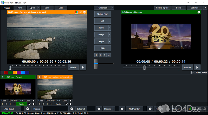 Create own high quality videos by combining pictures, clips, audio, record video streams - Screenshot of vMix