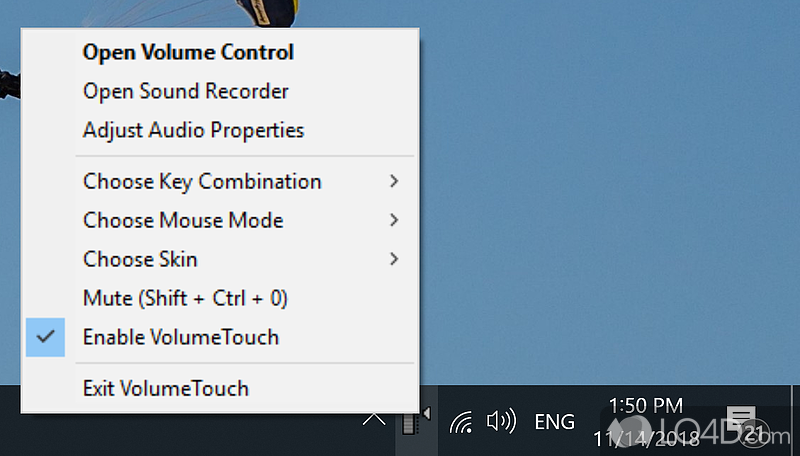 Accessibility via the system tray - Screenshot of VolumeTouch