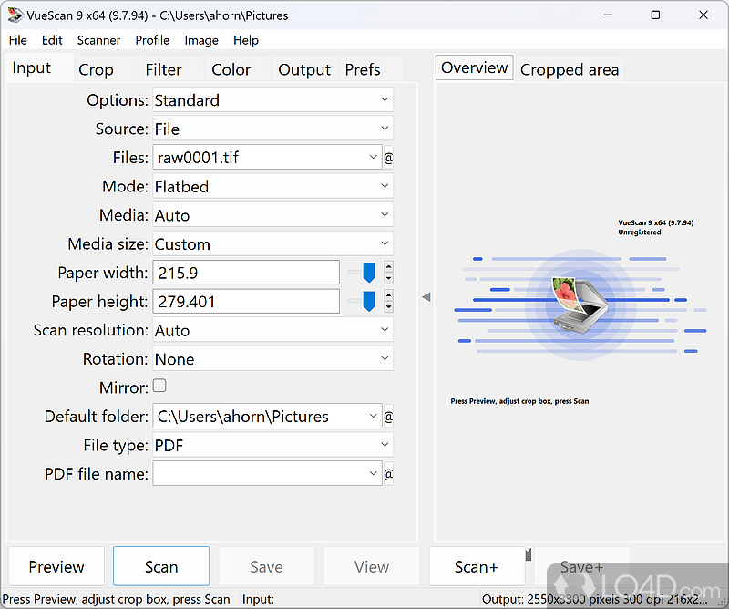 Crop images in different ways and customize picture color - Screenshot of VueScan