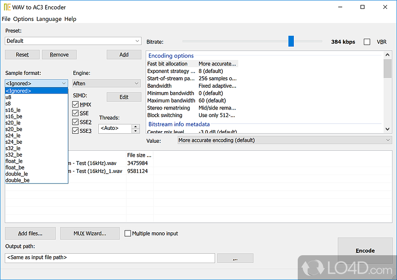 Audio configuration settings - Screenshot of WAV to AC3 Encoder