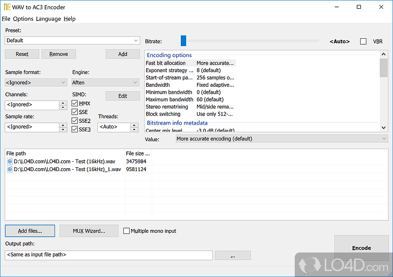 Piece of software that helps you convert WAV files to AC3 format with the aid of batch processing - Screenshot of WAV to AC3 Encoder