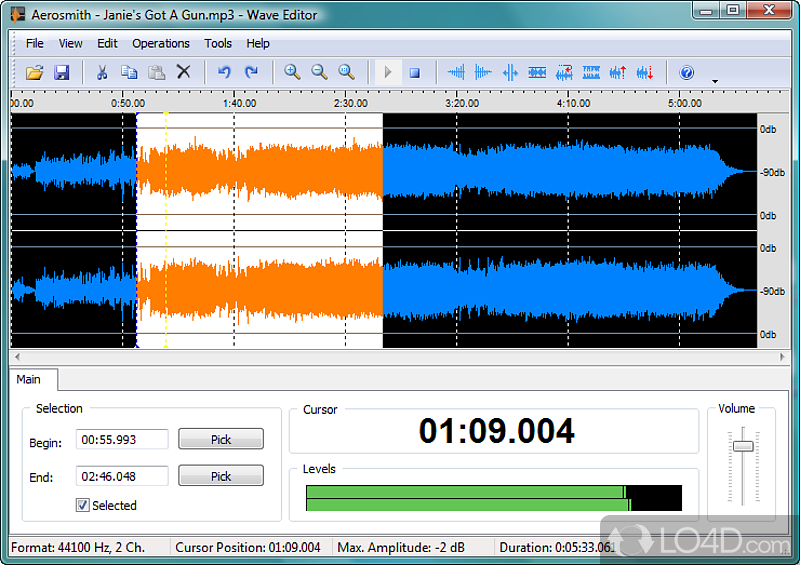 Editor for audio files that comes with options to amplify sound, manage silence sections, apply fade effects - Screenshot of Wave Editor