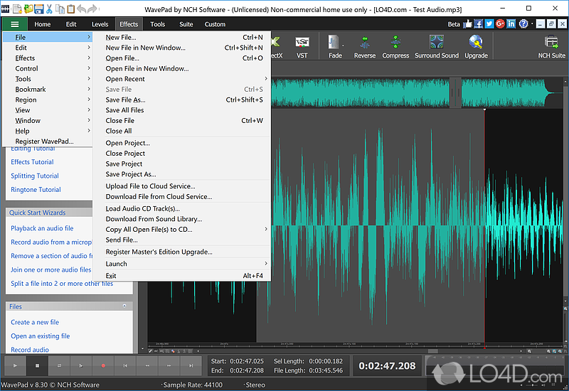 Reverb, echo, amplification, and normalization - Screenshot of Wavepad Free