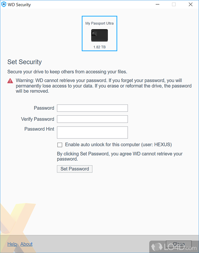 Connect 'My Passport' drive to PC and secure it so keep others from accessing important files - Screenshot of WD Security