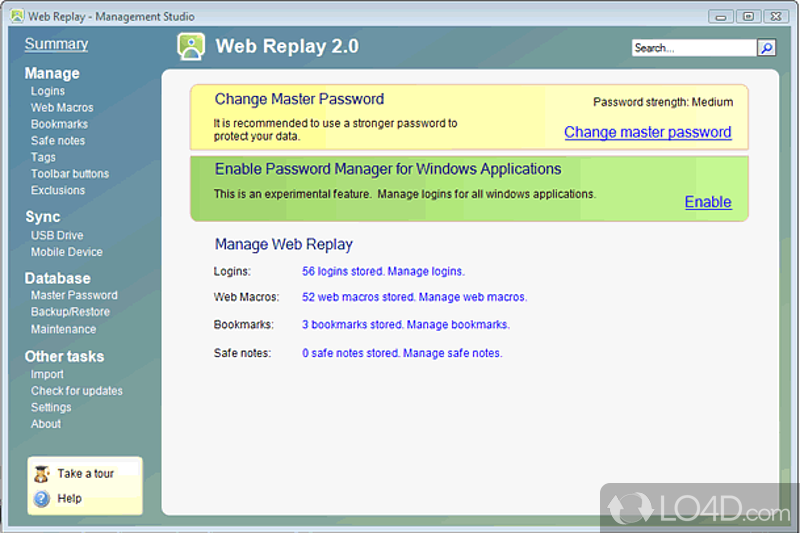 Full Featured Password Manager - IE addon - Screenshot of Web Replay Password Manager