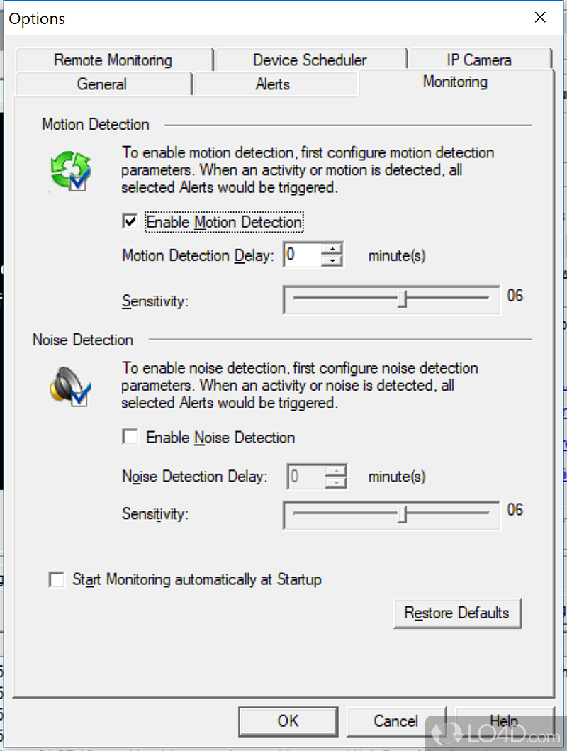 Webcam surveillance software detects motion or noise - Screenshot of WebCam Monitor