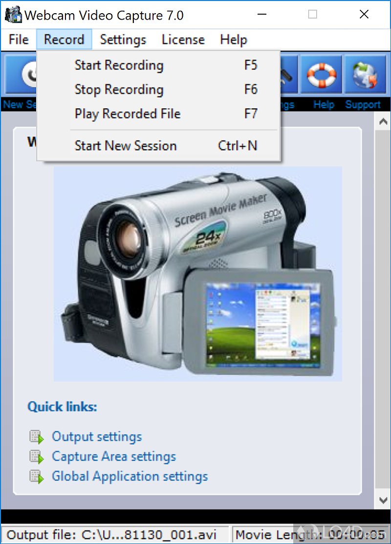 Webcam Video Capture: User interface - Screenshot of Webcam Video Capture