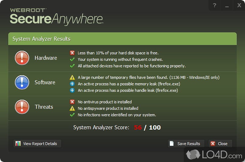 Provides a quick and easy way to get a basic health for Windows PC - Screenshot of Webroot System Analyzer