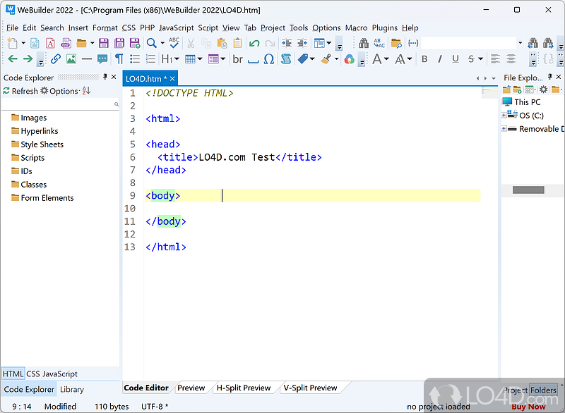 Edit HTML, CSS, JavaScript, PHP and ASP code within a streamlined environment - Screenshot of WeBuilder