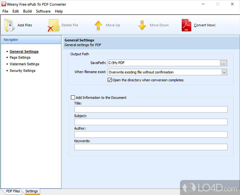 Convert files to PDF - Screenshot of Weeny Free ePub to PDF Converter