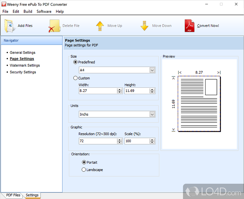 Batch converter between eBook and PDF formats - Screenshot of Weeny Free ePub to PDF Converter