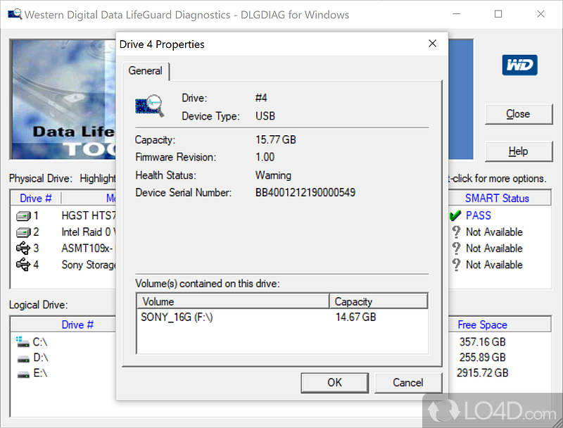 Designed for Western Digital hardware - Screenshot of Western Digital Data Lifeguard Diagnostics