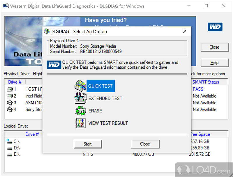 Multiple diagnostic modules - Screenshot of Western Digital Data Lifeguard Diagnostics