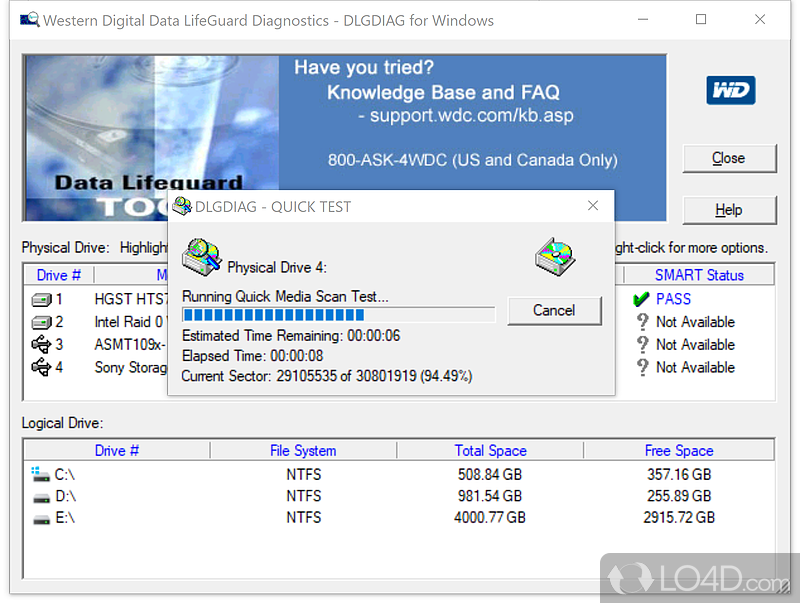 Wipe drive content - Screenshot of Western Digital Data Lifeguard Diagnostics