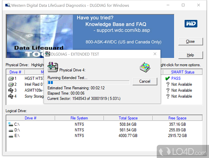 Identify, diagnose or repair Western Digital hard drives - Screenshot of Western Digital Data Lifeguard Diagnostics