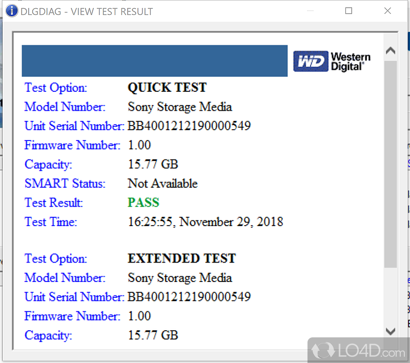 Perform diagnostics and tests on WD and other brand hard disk drives - Screenshot of Western Digital Data Lifeguard Diagnostics