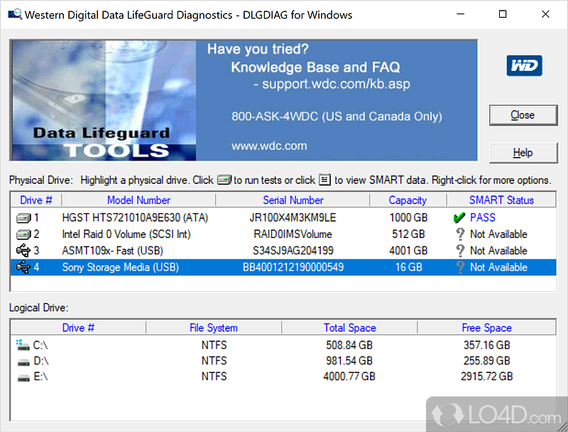 Powerful app that is able to perform drive identification, diagnostics - Screenshot of Western Digital Data Lifeguard Diagnostics