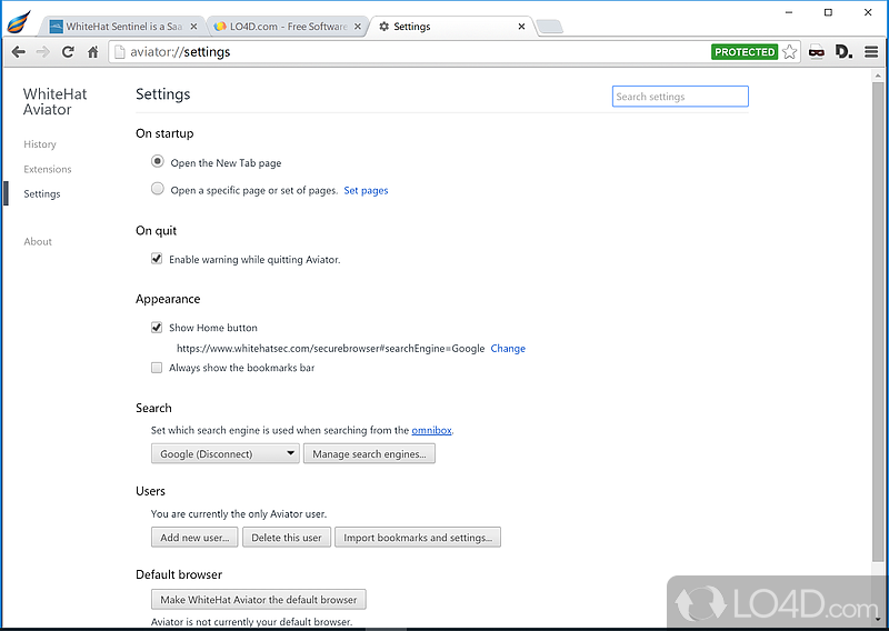 A Chromium-based browser with enhanced security functionality - Screenshot of WhiteHat Aviator