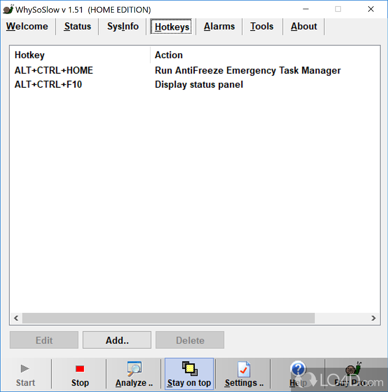 Configure alarms and shortcuts, end tasks, and access more tools - Screenshot of WhySoSlow