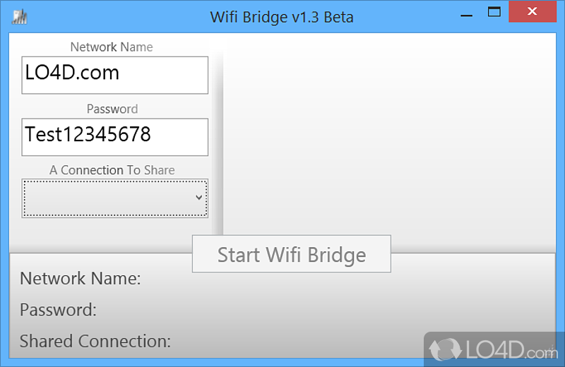 Share Internet connection with other Wi-Fi enabled devices with the help of a tool that can transform PC into a hotspot - Screenshot of Wifi Bridge