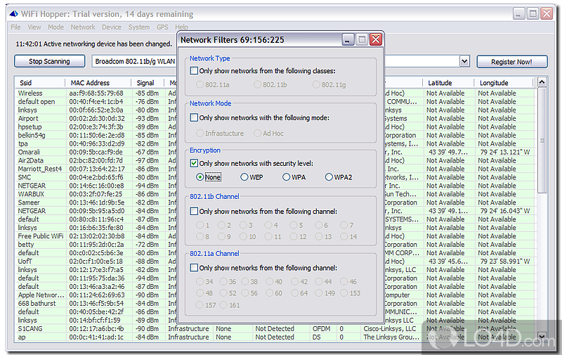 WiFi Hopper: User interface - Screenshot of WiFi Hopper