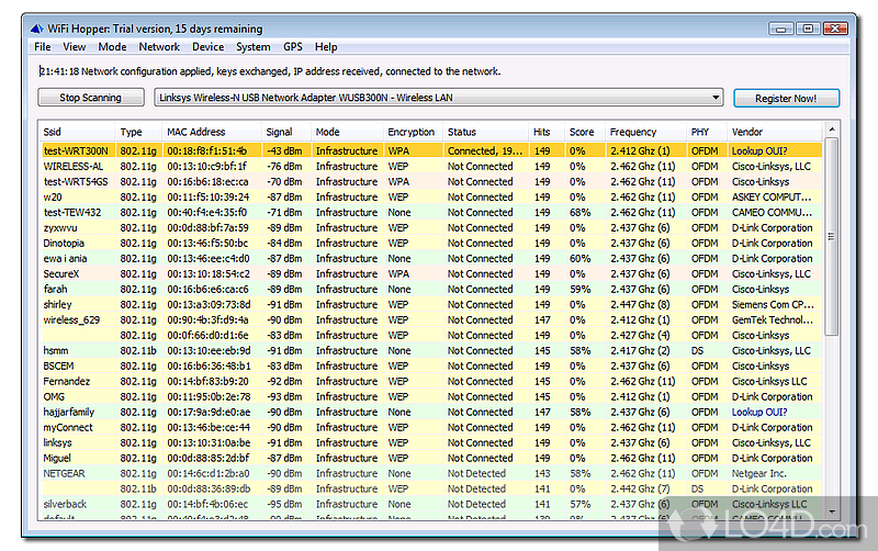 WLAN utility that harmoniously combines the features of a Network Discovery - Screenshot of WiFi Hopper