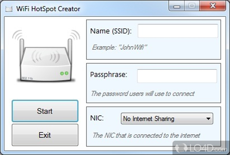 Configure a couple of settings to create the WiFi Hotspot - Screenshot of WiFi HotSpot Creator