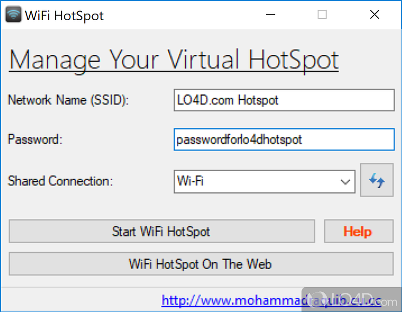 Small but utility that was created in order to share Internet connection by creating a wireless hotspot - Screenshot of WiFi HotSpot