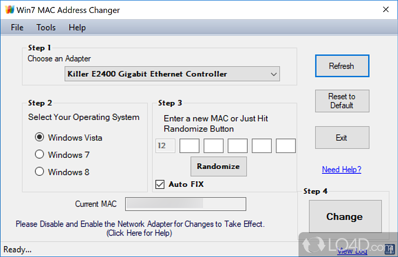 Win7 MAC Address Changer: User interface - Screenshot of Win7 MAC Address Changer