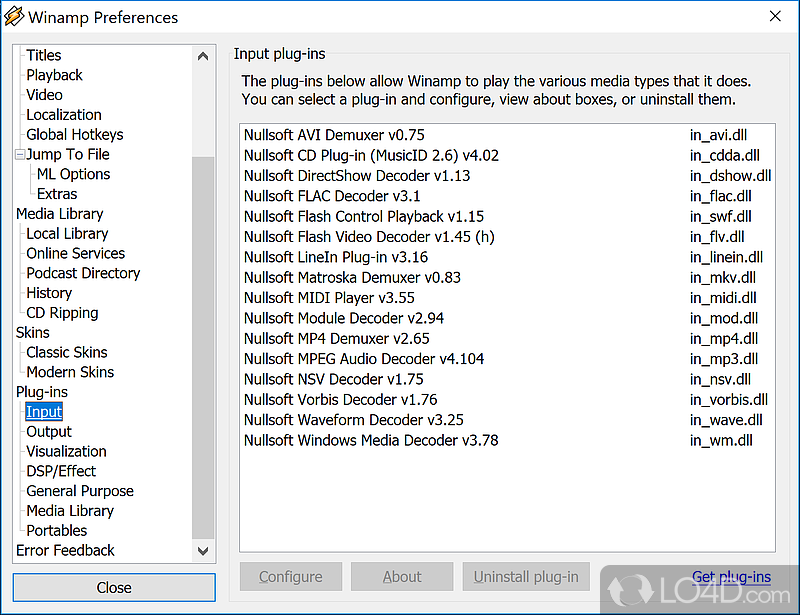 Various customization options - Screenshot of Winamp