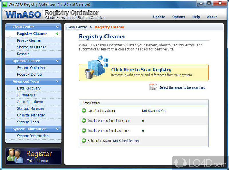 Examine and repair invalid Windows registry entries, optimize computer, manage startup items and view system information - Screenshot of WinASO Registry Optimizer