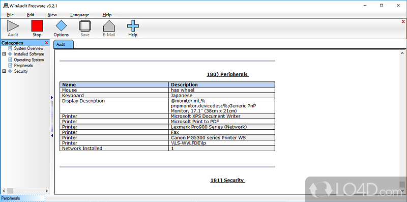 Displays extensive information about operating system, peripherals, error logs - Screenshot of WinAudit
