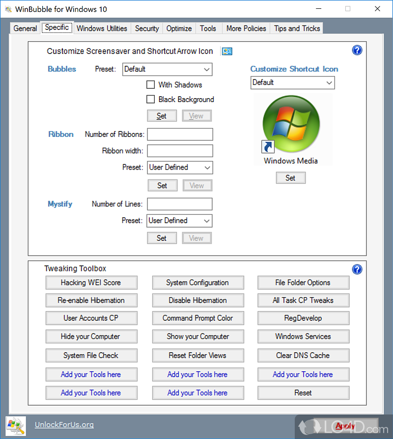 Collection of tweaking tools and tips for tweaking Windows 10 - Screenshot of WinBubble for Windows 10