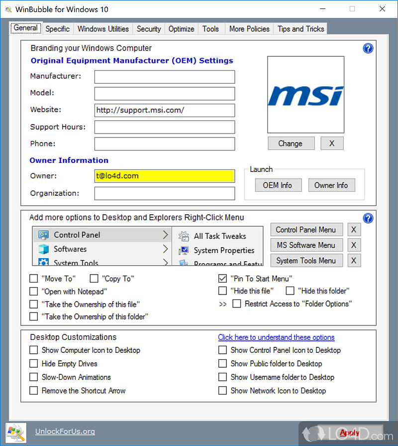 Customize, tweak and optimize computer's Windows 10 OS and fiddle about with some security features, all - Screenshot of WinBubble for Windows 10