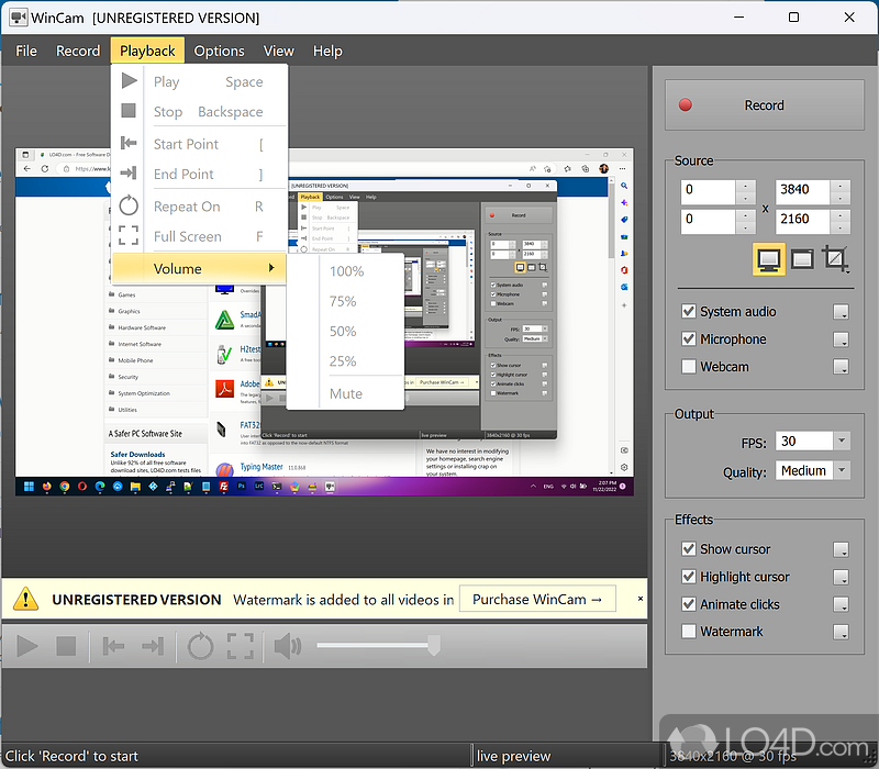 Apply effects and configure recording settings - Screenshot of WinCam