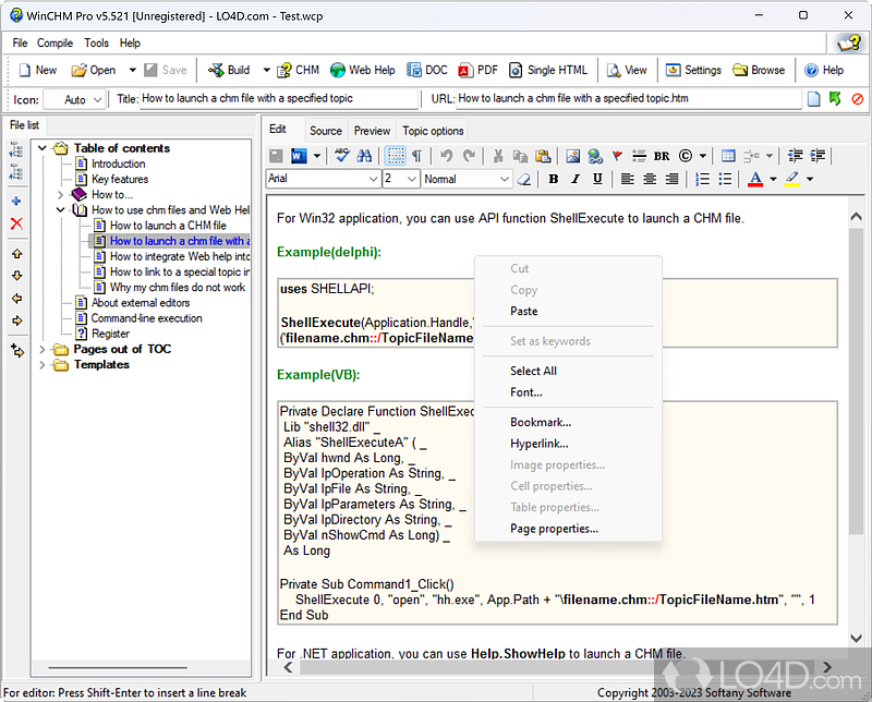 Create help files, Make CHM files, Create a help file, write help files easily - Screenshot of WinCHM