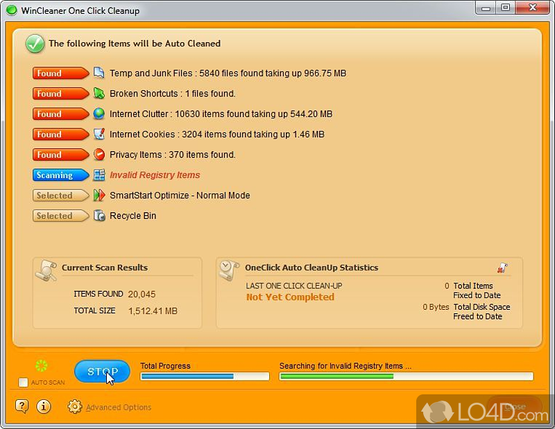 WinCleaner OneClick CleanUp: User interface - Screenshot of WinCleaner OneClick CleanUp
