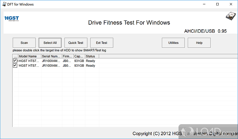 Perform a thorough scan on HGST internal or external hard disk drive in order to make it as good as new - Screenshot of WinDFT (HGST Drive Fitness Test)