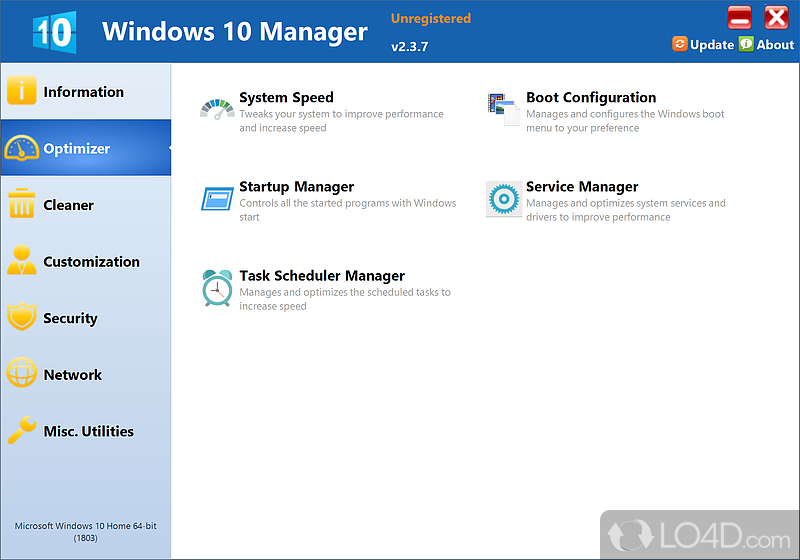 Well-structured yet not entirely new GUI - Screenshot of Windows 10 Manager