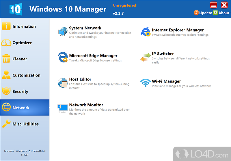 Windows 10 Manager: User interface - Screenshot of Windows 10 Manager