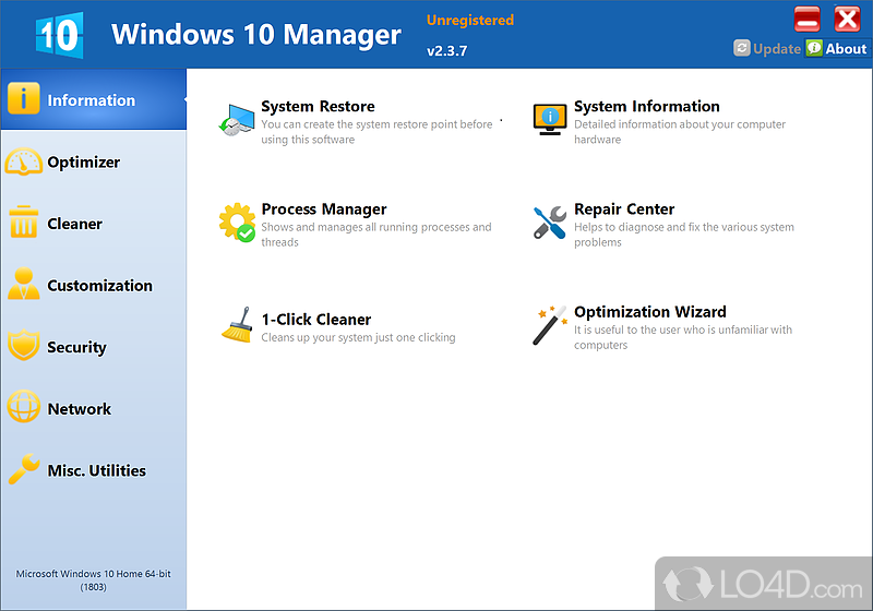 Tweak, and optimize various aspects of Windows 10 system - Screenshot of Windows 10 Manager