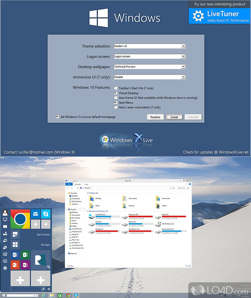 Choose the theme and Windows 10 features to display - Screenshot of Windows 10 UX Pack