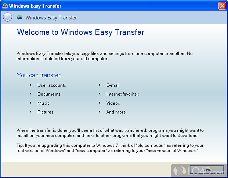 Windows 7 Easy Transfer: User interface - Screenshot of Windows 7 Easy Transfer