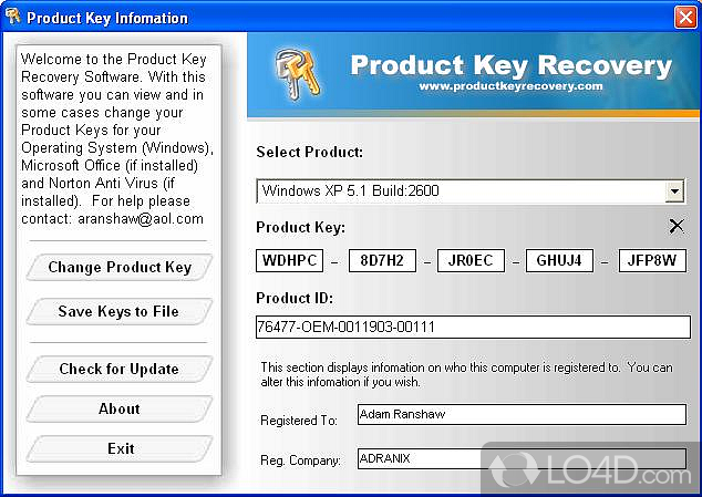 Recover & Change Product Keys Instantly - Screenshot of Windows and Office Product Key Viewer