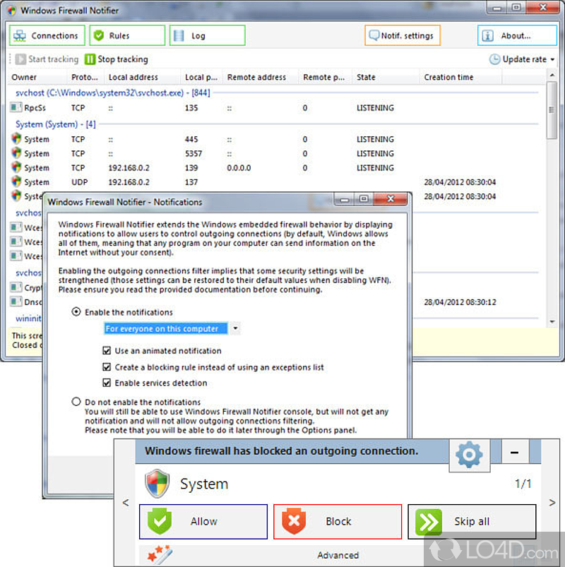 Extends the default Windows embedded firewall behavior by handling outgoing connections - Screenshot of Windows Firewall Notifier