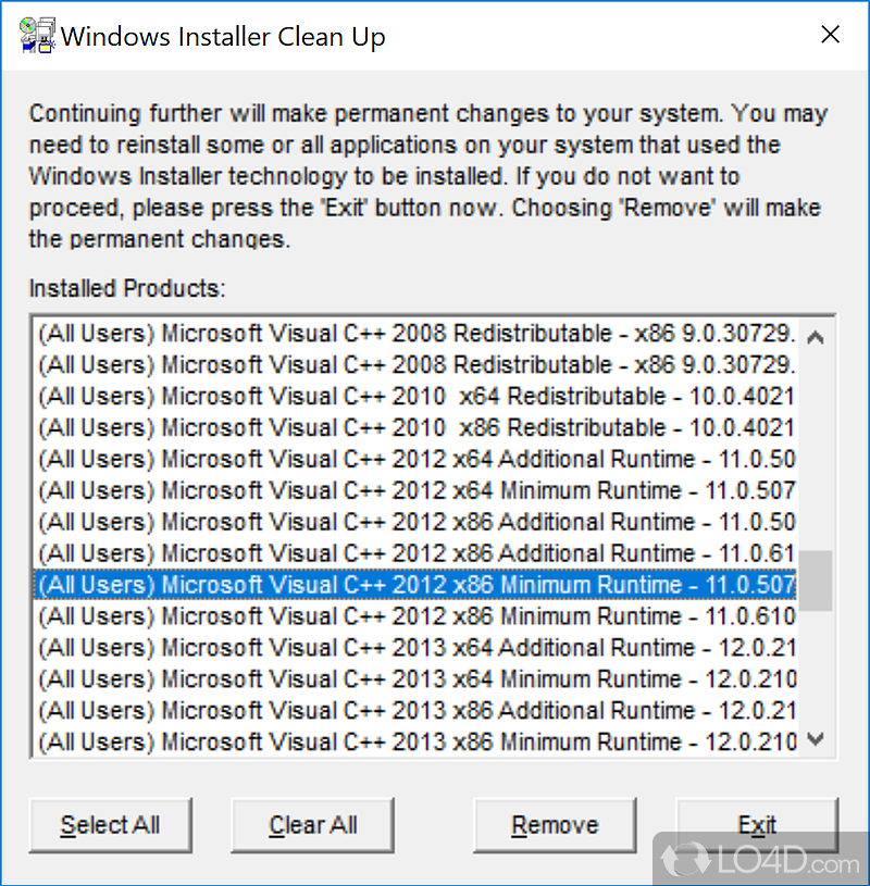 Carefully choose elements you want to clean - Screenshot of Windows Installer CleanUp Utility