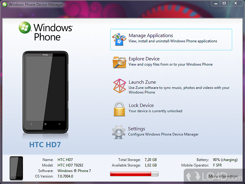 Install or uninstall homebrew apps and sync files from computer to Windows Phone 7 - Screenshot of Windows Phone Device Manager